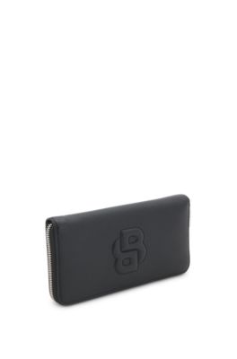 Grained ziparound wallet with padded Double B monogram, Black
