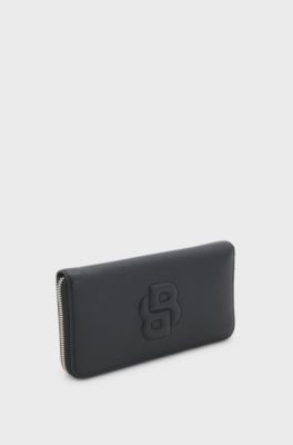 Geldb&ouml;rse mit genarbter Struktur, umlaufendem Rei&szlig;verschluss und gepolstertem Double-B-Monogramm, Schwarz