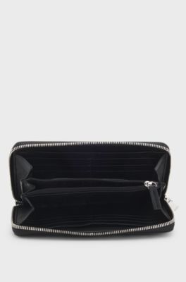 Grained ziparound wallet with padded Double B monogram, Black