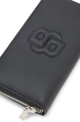 Grained ziparound wallet with padded Double B monogram, Black
