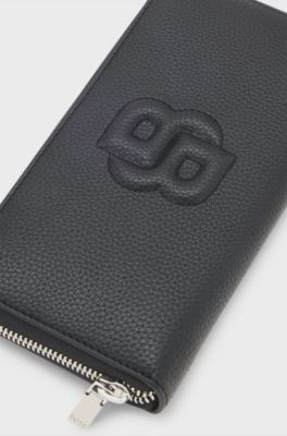 Geldb&ouml;rse mit genarbter Struktur, umlaufendem Rei&szlig;verschluss und gepolstertem Double-B-Monogramm, Schwarz