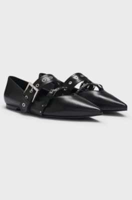 Nappa-leather ballerina pumps with buckled straps, Black