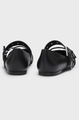 Nappa-leather ballerina pumps with buckled straps, Black