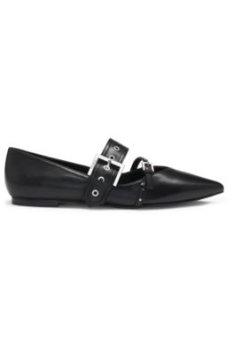 Nappa-leather ballerina pumps with buckled straps, Black