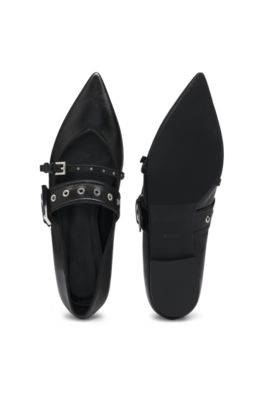 Nappa-leather ballerina pumps with buckled straps, Black