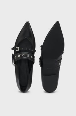 Nappa-leather ballerina pumps with buckled straps, Black