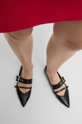 Nappa-leather ballerina pumps with buckled straps, Black