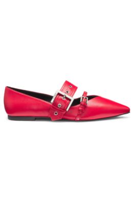 Nappa-leather ballerina pumps with buckled straps, Red