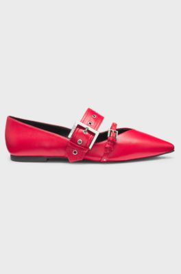 Nappa-leather ballerina pumps with buckled straps, Red