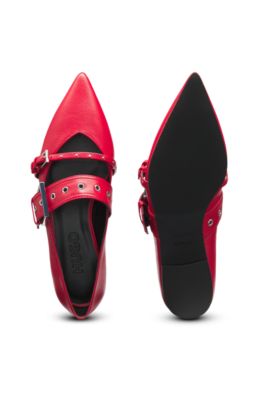 Nappa-leather ballerina pumps with buckled straps, Red
