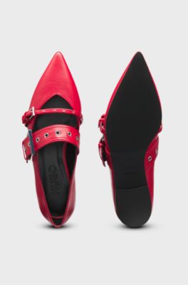 Ballerines en cuir nappa avec brides &agrave; boucle, Rouge