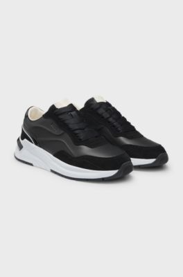 Mixed-material lace-up trainers with suede trims, Black