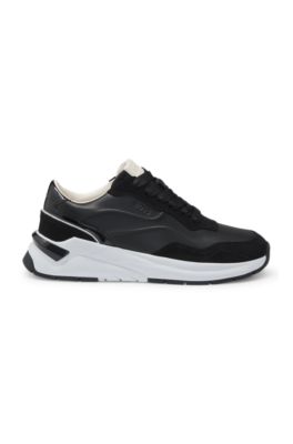 Mixed-material lace-up trainers with suede trims, Black