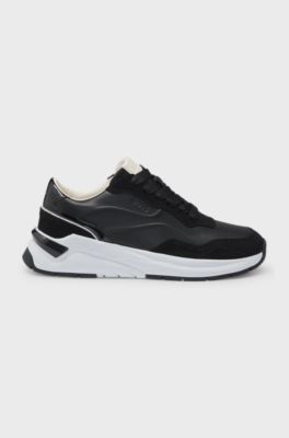 Mixed-material lace-up trainers with suede trims, Black