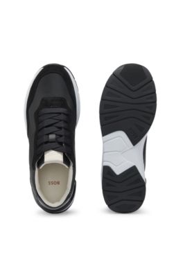 Mixed-material lace-up trainers with suede trims, Black