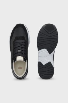 Mixed-material lace-up trainers with suede trims, Black