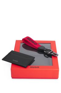 Gift-boxed logo key ring and leather card holder, Black