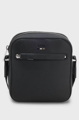 Grained faux-leather reporter bag with signature-stripe trim, Black