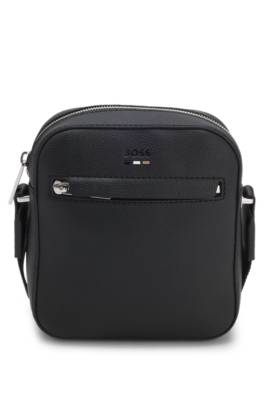 Grained faux-leather reporter bag with signature-stripe trim