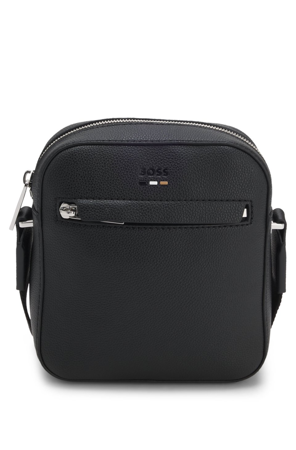 Grained faux-leather reporter bag with signature-stripe trim