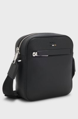 Grained faux-leather reporter bag with signature-stripe trim, Black