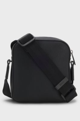 Grained faux-leather reporter bag with signature-stripe trim, Black