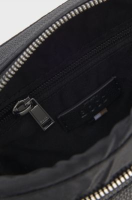 Grained faux-leather reporter bag with signature-stripe trim, Black