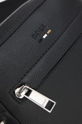 Grained faux-leather reporter bag with signature-stripe trim, Black