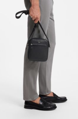 Grained faux-leather reporter bag with signature-stripe trim, Black