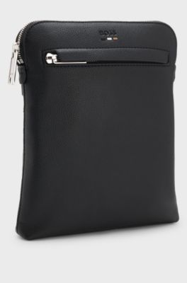 Grained faux-leather envelope bag with signature-stripe trim, Black