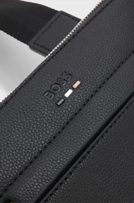 Grained faux-leather envelope bag with signature-stripe trim, Black