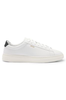 Lace-up trainers in polished leather with logo details, White
