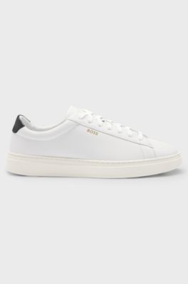 Lace-up trainers in polished leather with logo details, White