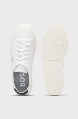 Lace-up trainers in polished leather with logo details, White