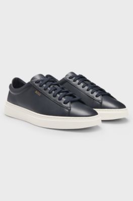 Lace-up trainers in polished leather with logo details, Dark Blue