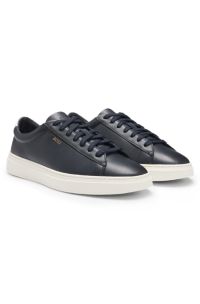 Lace-up trainers in polished leather with logo details, Dark Blue