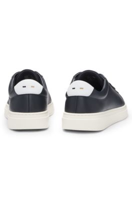 Lace-up trainers in polished leather with logo details, Dark Blue