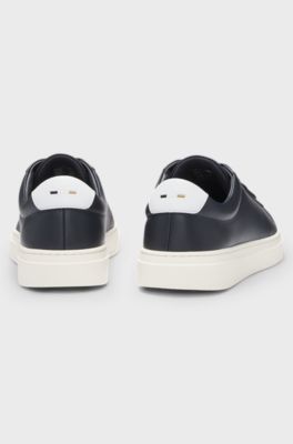 Lace-up trainers in polished leather with logo details, Dark Blue