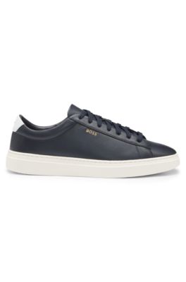 Lace-up trainers in polished leather with logo details, Dark Blue