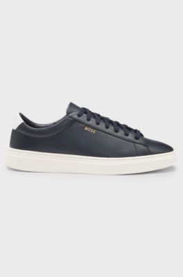 Lace-up trainers in polished leather with logo details, Dark Blue
