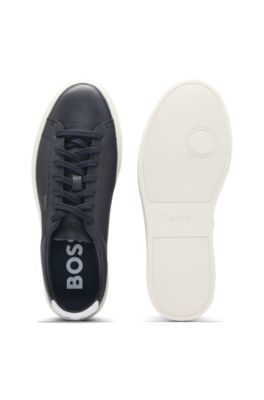 Lace-up trainers in polished leather with logo details, Dark Blue