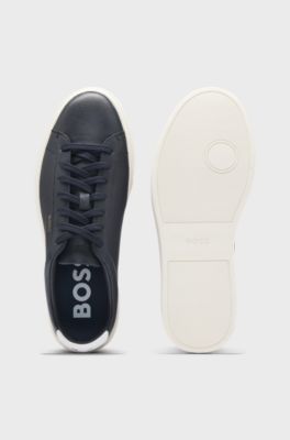 Lace-up trainers in polished leather with logo details, Dark Blue