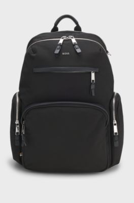 Multi-pocket backpack with leather trims, Black