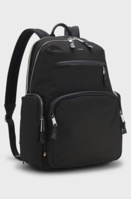 Multi-pocket backpack with leather trims, Black