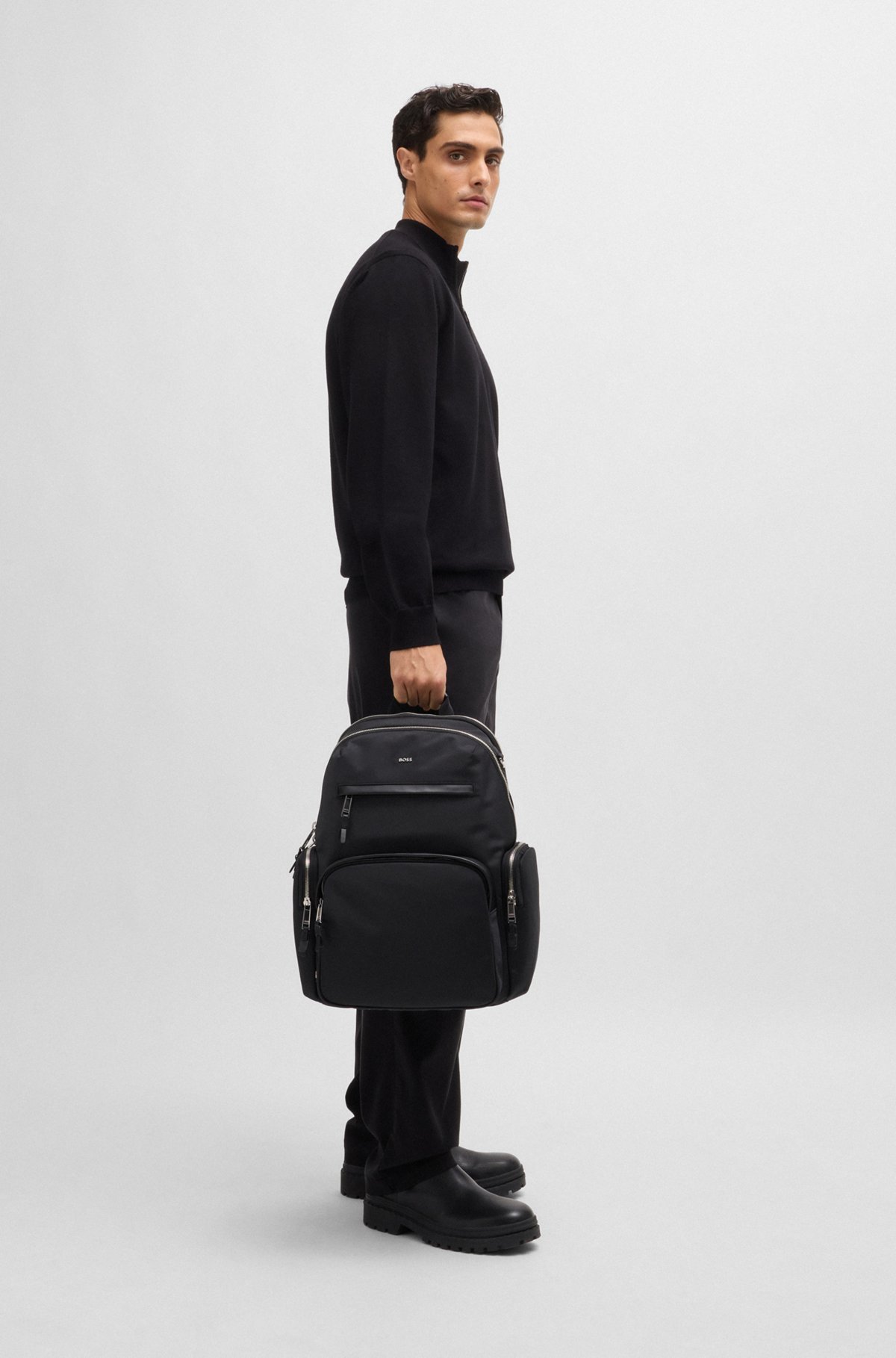 BOSS - バックパック レザートリム&ダブルジップ - ブラック BOSS - バックパック レザートリム&ダブルジップ - ブラック