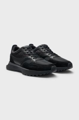 Mixed-material trainers with mesh and leather, Black
