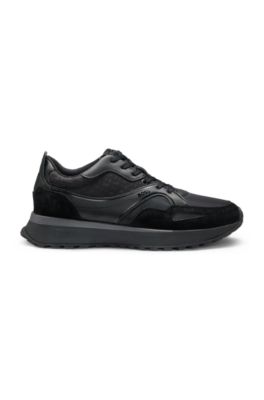 Mixed-material trainers with mesh and leather, Black