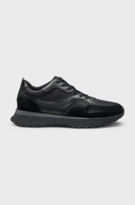 Mixed-material trainers with mesh and leather, Black