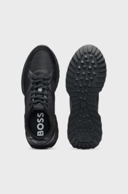 Mixed-material trainers with mesh and leather, Black