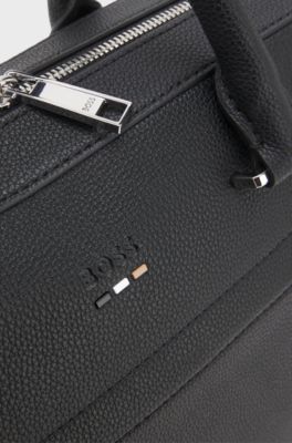 Grained faux-leather document case with signature-stripe trim, Black